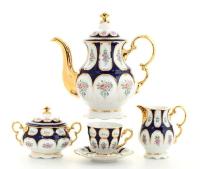 Кофейный сервиз Мокко на 6 персон 15 предметов 100 мл, Розовый цветок кобальт Соната 07160713-0419, Leander