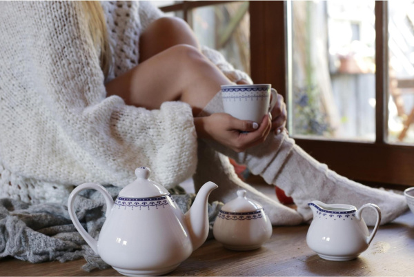 Чайный сервиз на 4 персоны 11 предметов Хюгге Синие узоры 71160717-327E, Leander