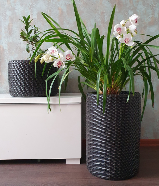 Высокое кашпо для цветов из ротанга 12 л напольное, форма Цилиндр, цвет венге, тиснение кожа