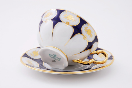 Набор чайных пар 200 мл на 6 персон 12 предметов, Золотой цветок, кобальт Соната 07160425-0443, Leander