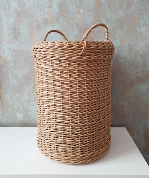 Высокое кашпо для цветов из ротанга 12 л напольное, форма Цилиндр с ручками, цвет папирус