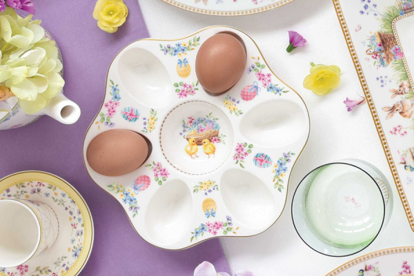 Набор тарелок 26 и 19 см с блюдом для яиц 13 предметов на 6 персон, Пасхальная коллекция, Цветы и цыплята, Easy Life