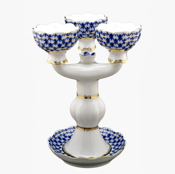 Подсвечник Трехрожковый, Кобальтовая сетка (Тюльпан) Императорский фарфоровый завод (ЛФЗ) 80.07627.00.1