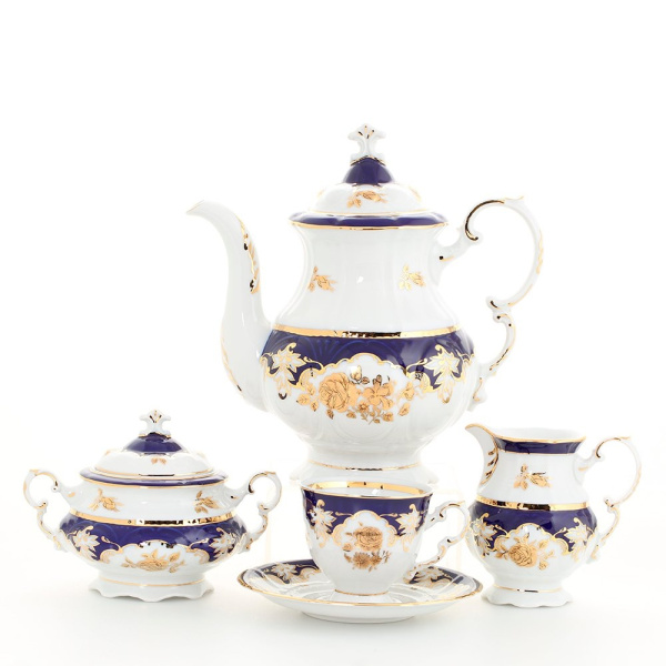 Кофейный сервиз 6 персон 15 предметов, Золотая роза, кобальт, Соната 07160714-1457, Leander