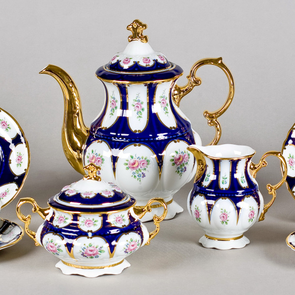Кофейный сервиз на 6 персон 15 предметов Leander Розовый цветок, Кобальт Соната (07160714-0419)