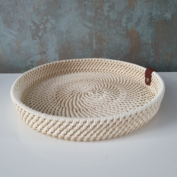 Чайный поднос 28 см из ротанга, цвет сливочный, ручная работа