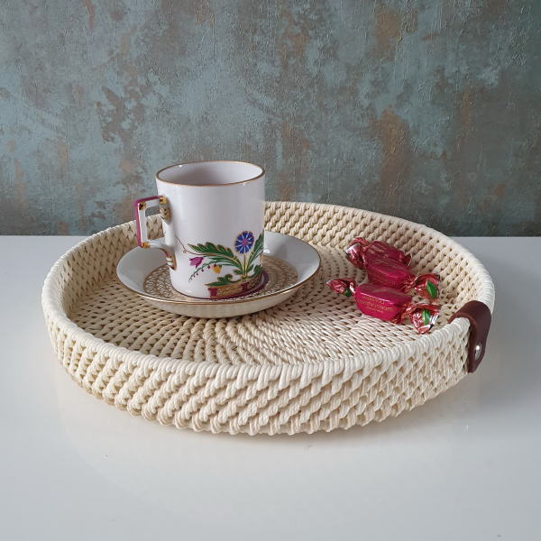 Чайный поднос 28 см из ротанга, цвет сливочный, ручная работа
