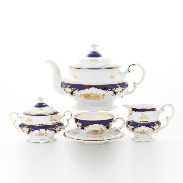 Чайный сервиз 6 персон 15 предметов Золотая роза, кобальт, Соната 07160725-1457, Leander