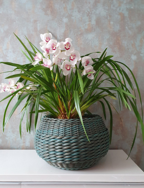 Кашпо для цветов 16 л уличное, форма Артишок, цвет зеленая патина, ротанг