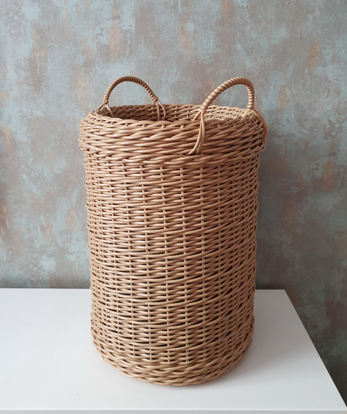 Высокое кашпо для цветов из ротанга 12 л напольное, форма Цилиндр с ручками, цвет папирус