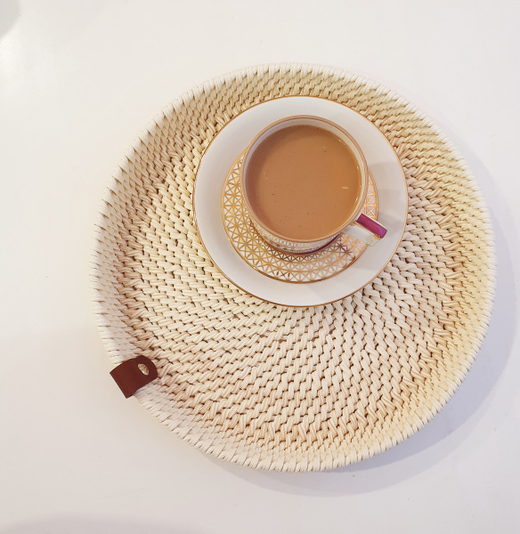 Чайный поднос 28 см из ротанга, цвет сливочный, ручная работа