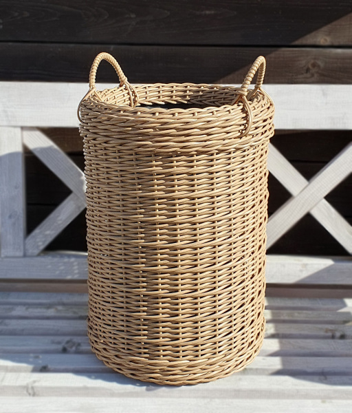 Высокое кашпо для цветов из ротанга 12 л напольное, форма Цилиндр с ручками, цвет папирус