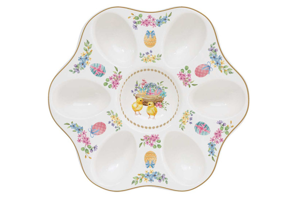 Набор тарелок 26 и 19 см с блюдом для яиц 13 предметов на 6 персон, Пасхальная коллекция, Цветы и цыплята, Easy Life