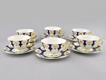 Набор чайных пар 200 мл на 6 персон 12 предметов, Золотой цветок, кобальт Соната 07160425-0443, Leander